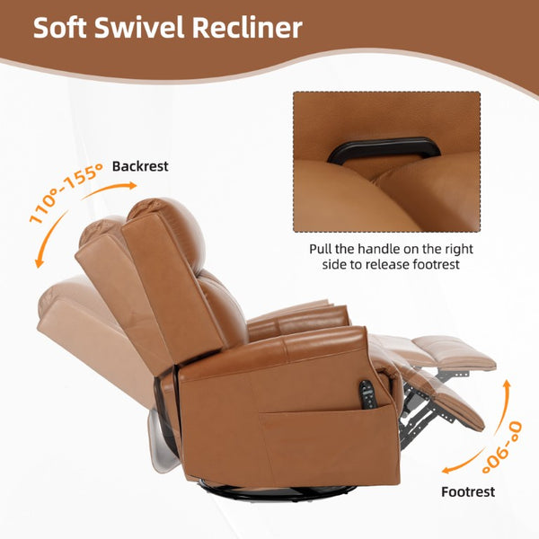 English Elm Yellow Genuine Leather Rocker Swivel Recliner with Massage Heat and Copper Nail Trim W1803S00118