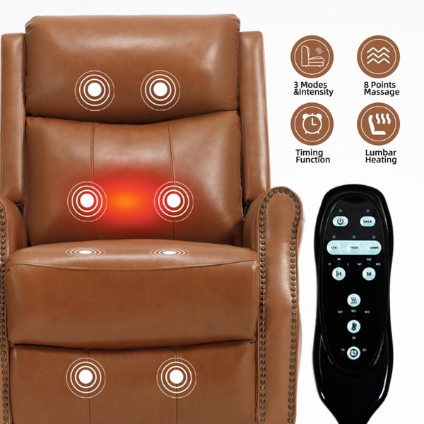 English Elm Yellow Genuine Leather Rocker Swivel Recliner with Massage Heat and Copper Nail Trim W1803S00118