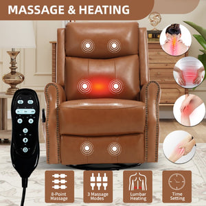 English Elm Yellow Genuine Leather Rocker Swivel Recliner with Massage Heat and Copper Nail Trim W1803S00118