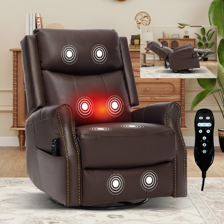 English Elm Brown Genuine Leather Rocker Swivel Recliner with Massage Heat and Club Chair Style W1803S00119