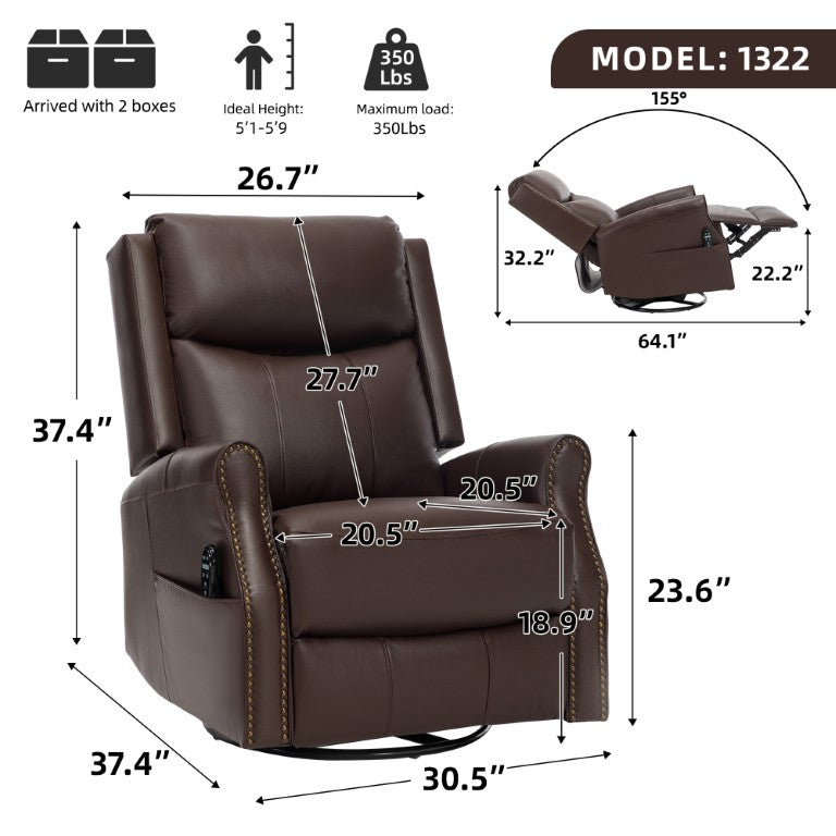 English Elm Brown Genuine Leather Rocker Swivel Recliner with Massage Heat and Club Chair Style W1803S00119