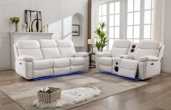 English Elm Mix Power Reclining Sofa Set Faux Leather with Bluetooth Speakers and LED Lighting W1805S00248