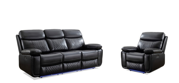 English Elm 2 Piece Power Reclining Sofa Set Technical Leather with LED Lighting Bluetooth Speaker W1805S00257
