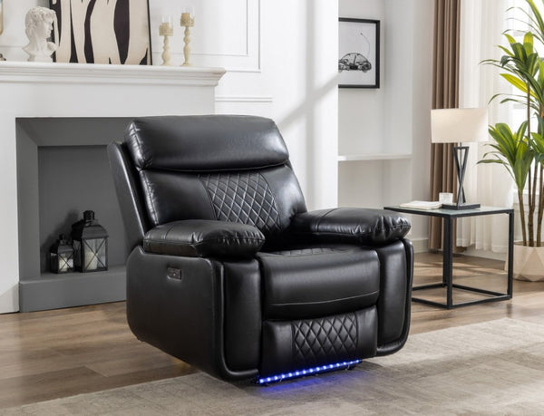 English Elm 2 Piece Power Reclining Sofa Set Technical Leather with LED Lighting Bluetooth Speaker W1805S00257