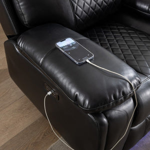 English Elm 2 Piece Power Reclining Sofa Set Technical Leather with LED Lighting Bluetooth Speaker W1805S00257