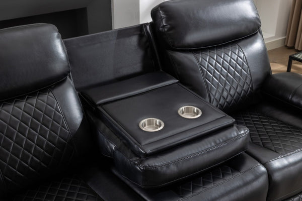 English Elm 2 Piece Power Reclining Sofa Set Technical Leather with LED Lighting Bluetooth Speaker W1805S00257