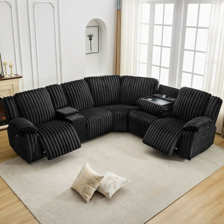 English Elm M078 Six Seat Power Reclining Sectional in Plush Faux Fur with Charging Console W1805S00264