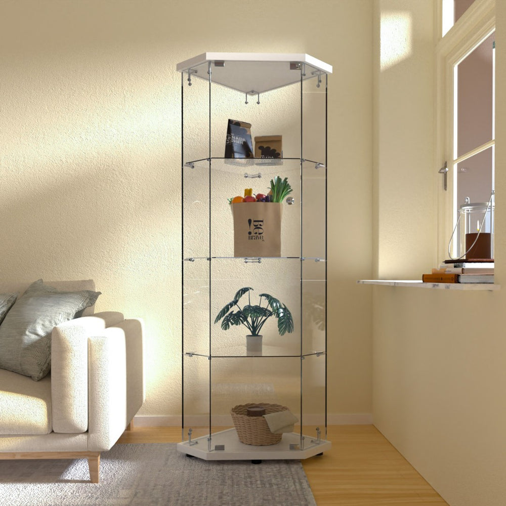 English Elm Glass Pentagon Display Cabinet with Tempered Shelves for Collectibles and Living Spaces W1806P531889