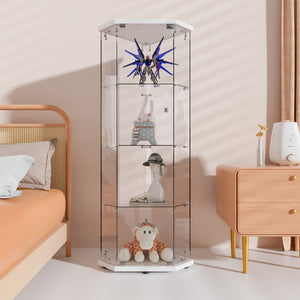 English Elm Glass Pentagon Display Cabinet with Tempered Shelves for Collectibles and Living Spaces W1806P531889
