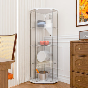 English Elm Glass Pentagon Display Cabinet with Tempered Shelves for Collectibles and Living Spaces W1806P531889