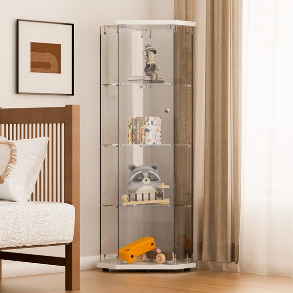 English Elm Glass Pentagon Display Cabinet with Tempered Shelves for Collectibles and Living Spaces W1806P531889