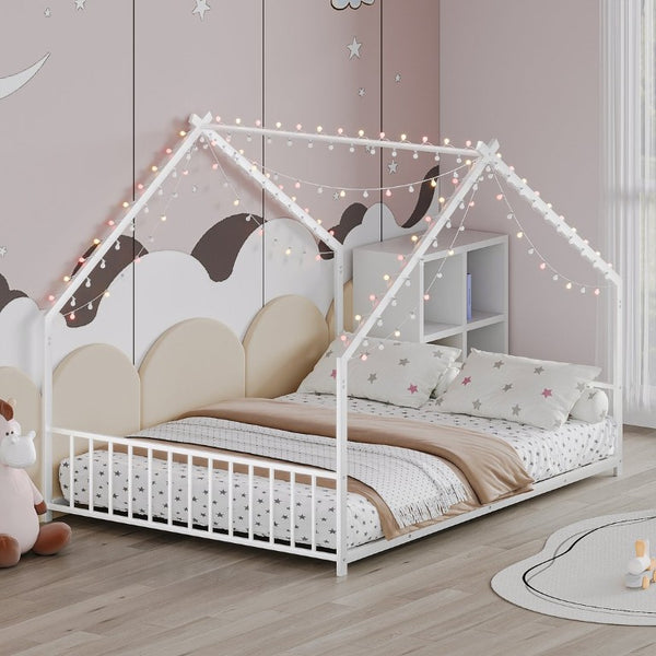 English Elm Full Size Kids Iron Bed with LED Lights Roof Peaked Frame Cabin Bedroom Decor White Iron 78.5" L x 55.9" W x 58.4" H W1820P308332