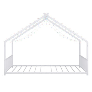 English Elm Full Size Kids Iron Bed with LED Lights Roof Peaked Frame Cabin Bedroom Decor White Iron 78.5" L x 55.9" W x 58.4" H W1820P308332