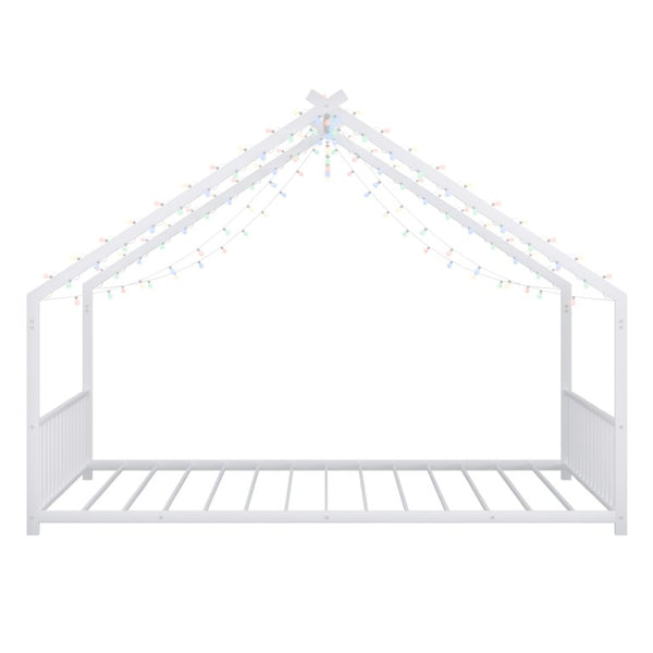 English Elm Full Size Kids Iron Bed with LED Lights Roof Peaked Frame Cabin Bedroom Decor White Iron 78.5" L x 55.9" W x 58.4" H W1820P308332