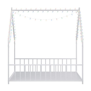 English Elm Full Size Kids Iron Bed with LED Lights Roof Peaked Frame Cabin Bedroom Decor White Iron 78.5" L x 55.9" W x 58.4" H W1820P308332