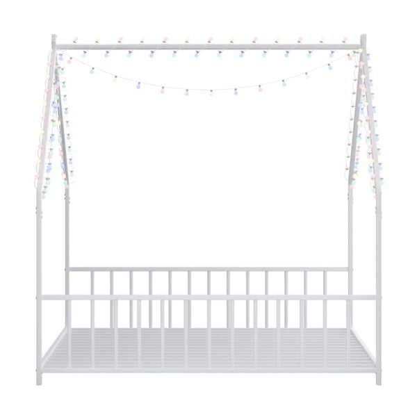 English Elm Full Size Kids Iron Bed with LED Lights Roof Peaked Frame Cabin Bedroom Decor White Iron 78.5" L x 55.9" W x 58.4" H W1820P308332