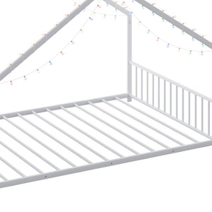 English Elm Full Size Kids Iron Bed with LED Lights Roof Peaked Frame Cabin Bedroom Decor White Iron 78.5" L x 55.9" W x 58.4" H W1820P308332