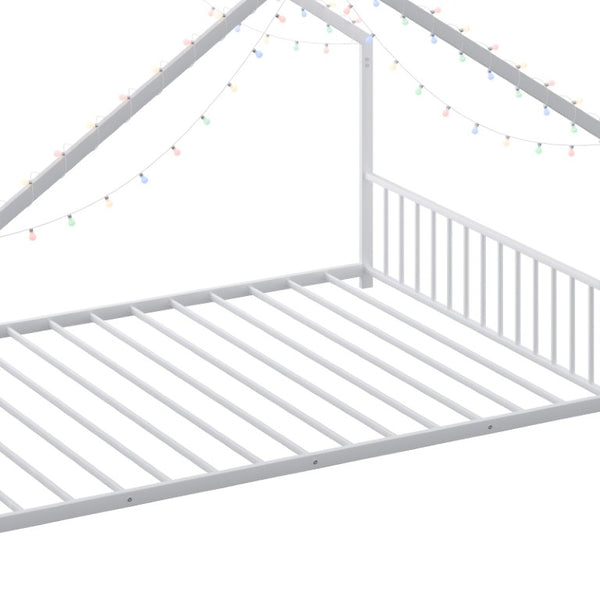 English Elm Full Size Kids Iron Bed with LED Lights Roof Peaked Frame Cabin Bedroom Decor White Iron 78.5" L x 55.9" W x 58.4" H W1820P308332