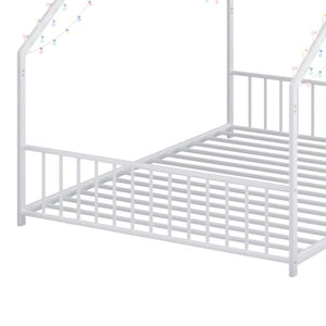 English Elm Full Size Kids Iron Bed with LED Lights Roof Peaked Frame Cabin Bedroom Decor White Iron 78.5" L x 55.9" W x 58.4" H W1820P308332