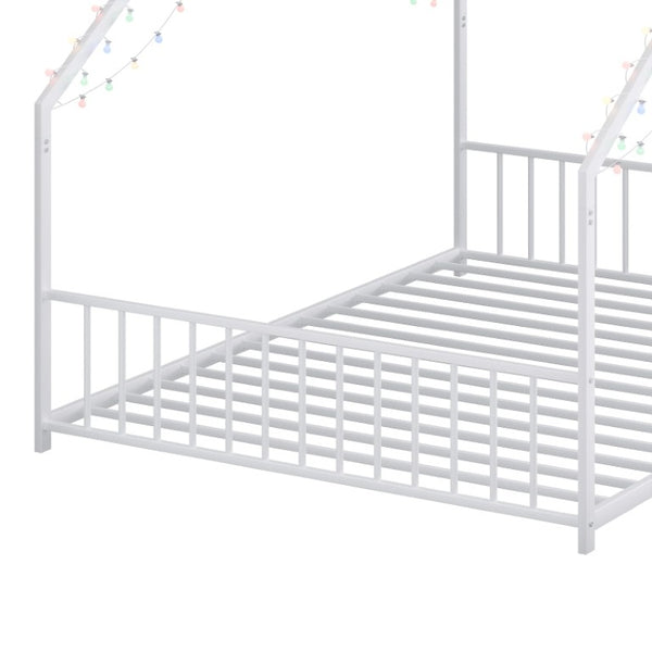 English Elm Full Size Kids Iron Bed with LED Lights Roof Peaked Frame Cabin Bedroom Decor White Iron 78.5" L x 55.9" W x 58.4" H W1820P308332