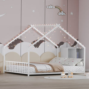 English Elm Full Size Kids Iron Bed with LED Lights Roof Peaked Frame Cabin Bedroom Decor White Iron 78.5" L x 55.9" W x 58.4" H W1820P308332
