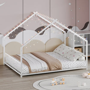 English Elm Full Size Kids Iron Bed with LED Lights Roof Peaked Frame Cabin Bedroom Decor White Iron 78.5" L x 55.9" W x 58.4" H W1820P308332