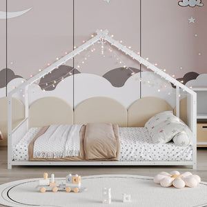 English Elm Full Size Kids Iron Bed with LED Lights Roof Peaked Frame Cabin Bedroom Decor White Iron 78.5" L x 55.9" W x 58.4" H W1820P308332