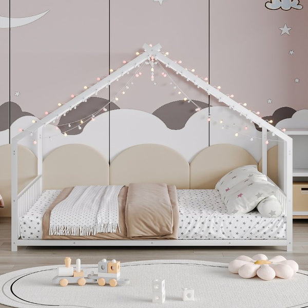 English Elm Full Size Kids Iron Bed with LED Lights Roof Peaked Frame Cabin Bedroom Decor White Iron 78.5" L x 55.9" W x 58.4" H W1820P308332