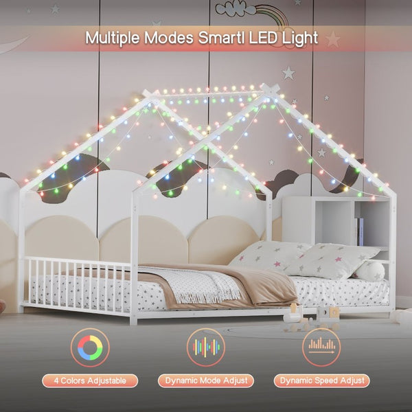 English Elm Full Size Kids Iron Bed with LED Lights Roof Peaked Frame Cabin Bedroom Decor White Iron 78.5" L x 55.9" W x 58.4" H W1820P308332