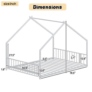 English Elm Full Size Kids Iron Bed with LED Lights Roof Peaked Frame Cabin Bedroom Decor White Iron 78.5" L x 55.9" W x 58.4" H W1820P308332
