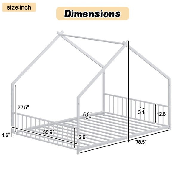 English Elm Full Size Kids Iron Bed with LED Lights Roof Peaked Frame Cabin Bedroom Decor White Iron 78.5" L x 55.9" W x 58.4" H W1820P308332