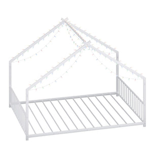 English Elm Full Size Kids Iron Bed with LED Lights Roof Peaked Frame Cabin Bedroom Decor White Iron 78.5" L x 55.9" W x 58.4" H W1820P308332
