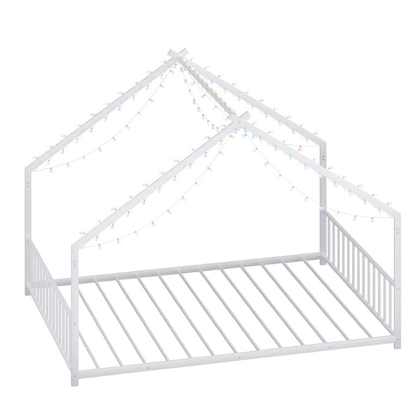 English Elm Full Size Kids Iron Bed with LED Lights Roof Peaked Frame Cabin Bedroom Decor White Iron 78.5" L x 55.9" W x 58.4" H W1820P308332