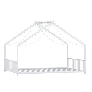 English Elm Full Size Kids Iron Bed with LED Lights Roof Peaked Frame Cabin Bedroom Decor White Iron 78.5" L x 55.9" W x 58.4" H W1820P308332