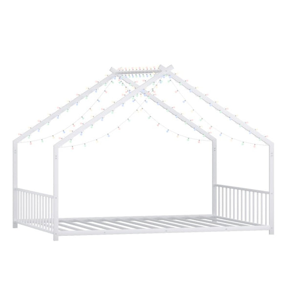 English Elm Full Size Kids Iron Bed with LED Lights Roof Peaked Frame Cabin Bedroom Decor White Iron 78.5" L x 55.9" W x 58.4" H W1820P308332