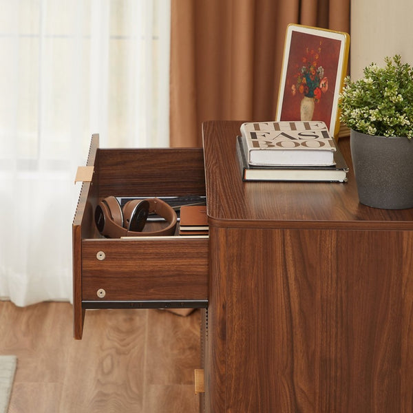 English Elm Fluted Mid-century Tall Chest of Drawers Set Two Units Grooved Panels Solid Wood Bedroom Walnut W1820P338176