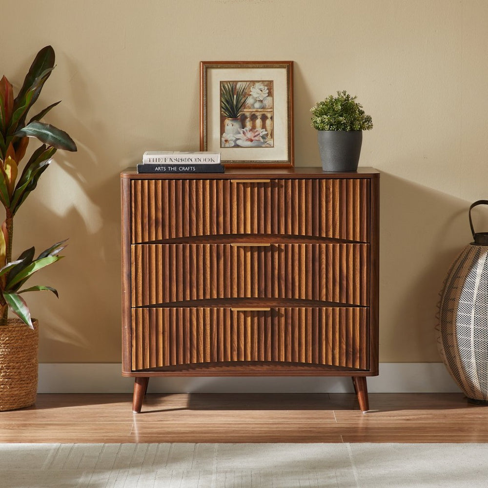 English Elm Fluted Mid-century Tall Chest of Drawers Set Two Units Grooved Panels Solid Wood Bedroom Walnut W1820P338176
