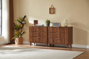 English Elm Fluted Mid-century Tall Chest of Drawers Set Two Units Grooved Panels Solid Wood Bedroom Walnut W1820P338176
