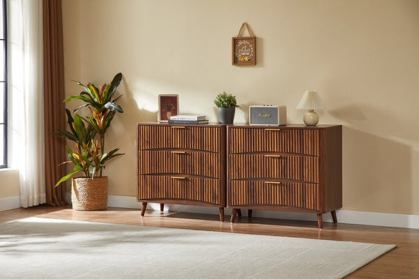 English Elm Fluted Mid-century Tall Chest of Drawers Set Two Units Grooved Panels Solid Wood Bedroom Walnut W1820P338176