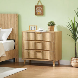 English Elm Fluted Oak 3 Drawer Tall Chest with Grooved Panels and Metal Handles for Bedroom W1820P362275