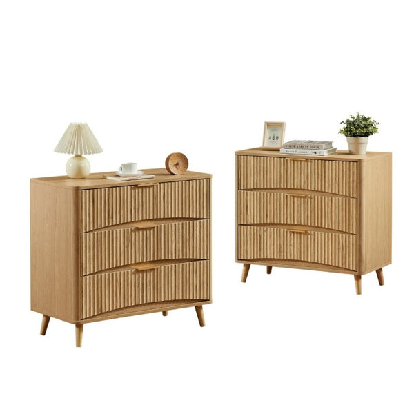 English Elm Fluted Oak 3 Drawer Tall Chest with Grooved Panels and Metal Handles for Bedroom W1820P362275