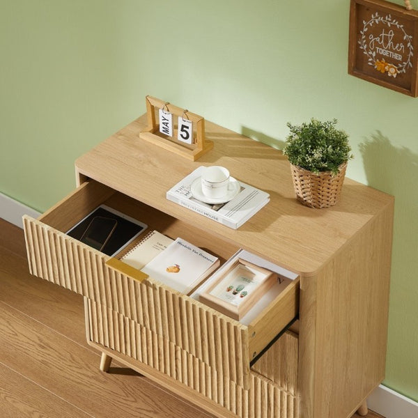 English Elm Fluted Oak 3 Drawer Tall Chest with Grooved Panels and Metal Handles for Bedroom W1820P362275