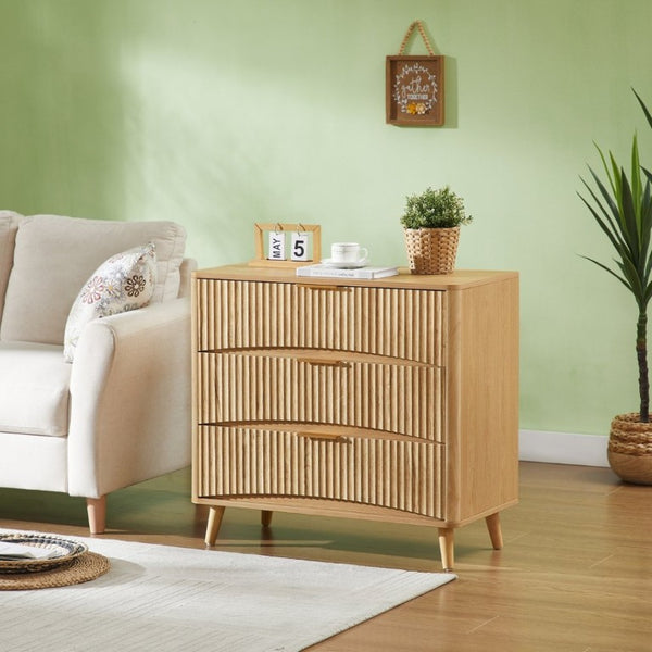 English Elm Fluted Oak 3 Drawer Tall Chest with Grooved Panels and Metal Handles for Bedroom W1820P362275