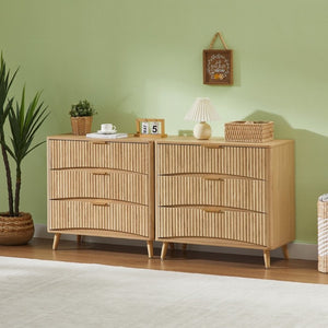 English Elm Fluted Oak 3 Drawer Tall Chest with Grooved Panels and Metal Handles for Bedroom W1820P362275