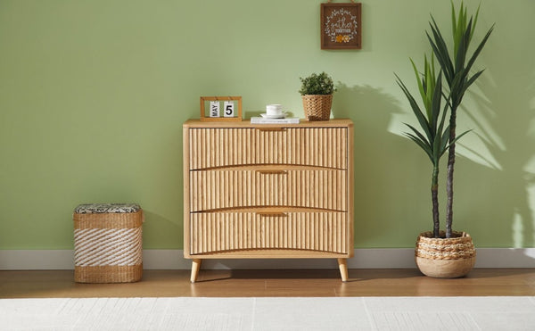 English Elm Fluted Oak 3 Drawer Tall Chest with Grooved Panels and Metal Handles for Bedroom W1820P362275