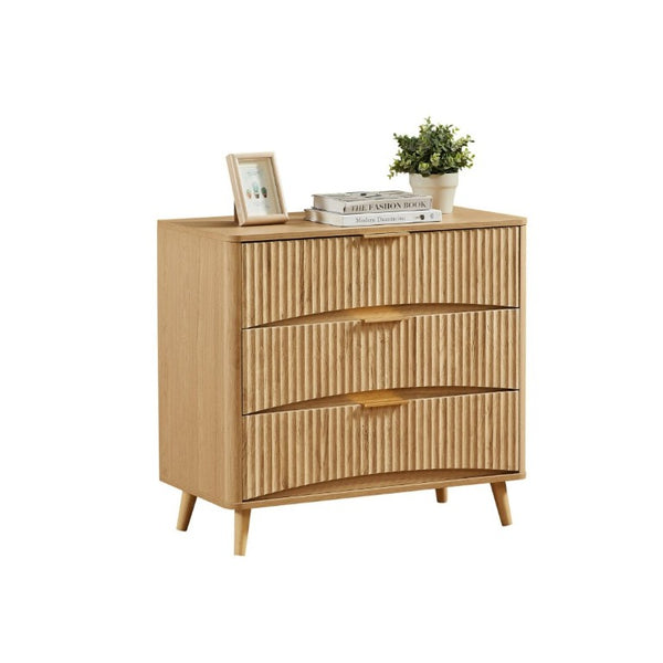 English Elm Fluted Oak 3 Drawer Tall Chest with Grooved Panels and Metal Handles for Bedroom W1820P362275
