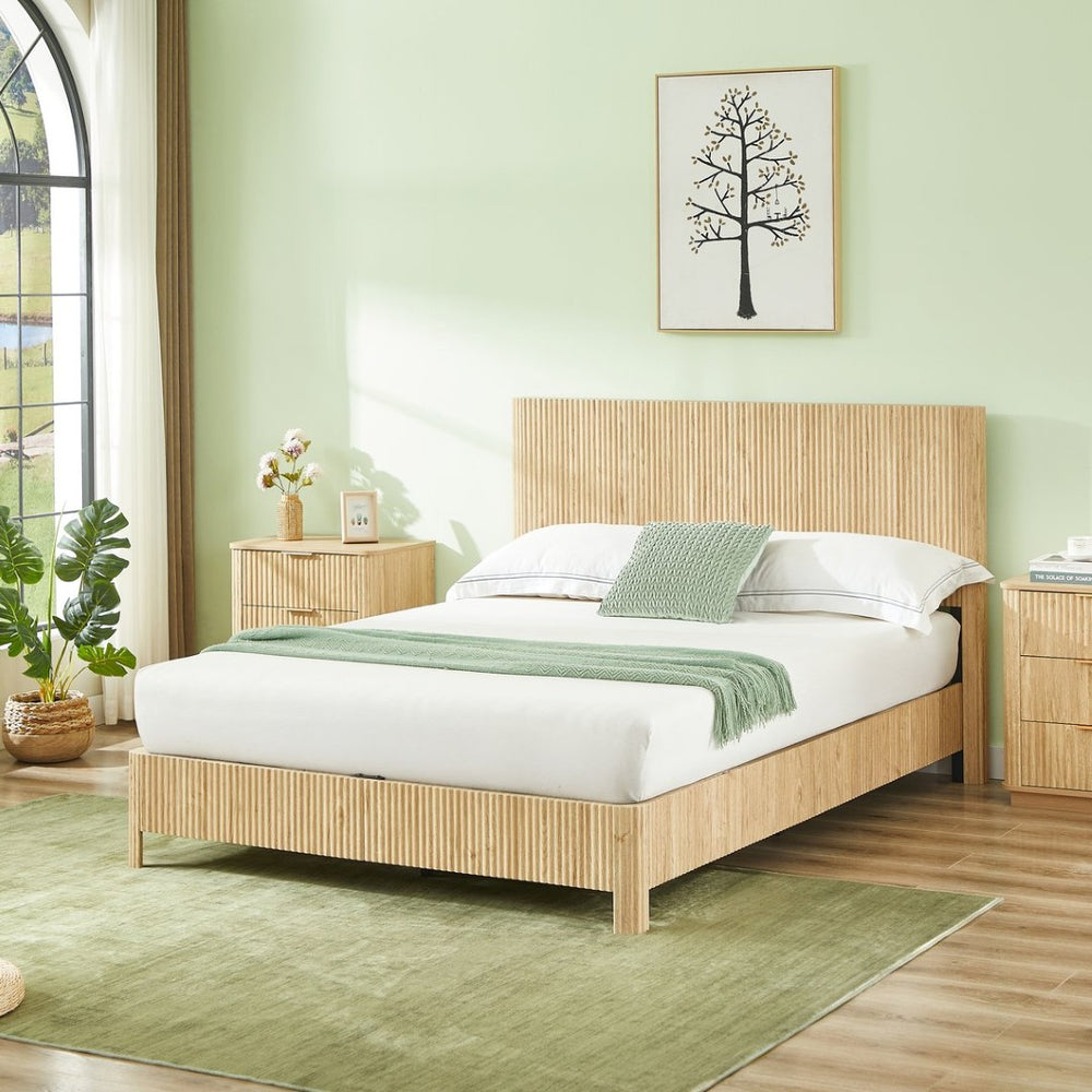 English Elm Queen Platform Bed Oak Finish Corrugated Curved Wood No Box Spring Required Frame W1820P414054