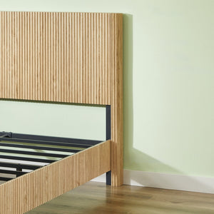 English Elm Queen Platform Bed Oak Finish Corrugated Curved Wood No Box Spring Required Frame W1820P414054