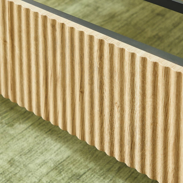 English Elm Queen Platform Bed Oak Finish Corrugated Curved Wood No Box Spring Required Frame W1820P414054