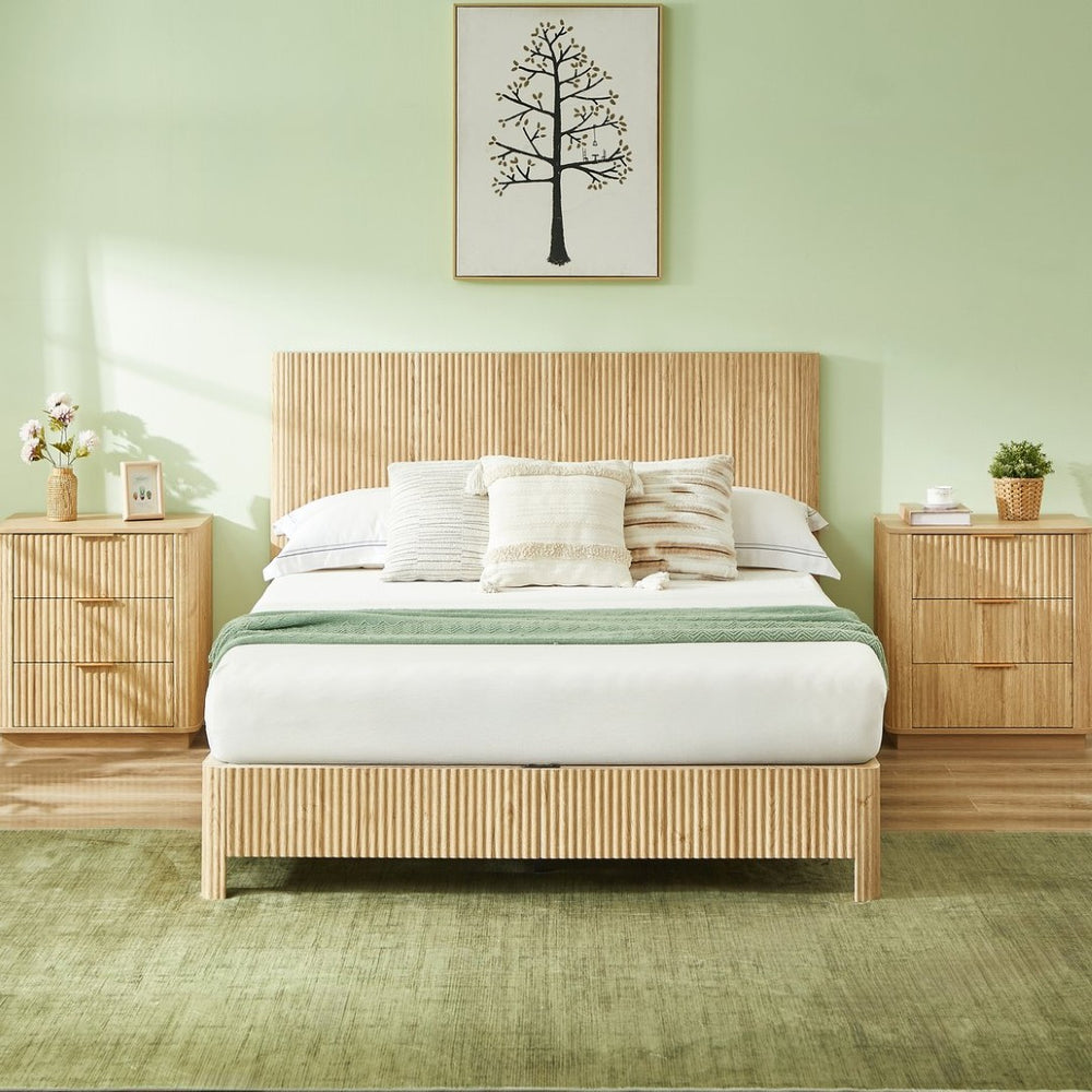 English Elm Queen Platform Bed Oak Finish Corrugated Curved Wood No Box Spring Required Frame W1820P414054